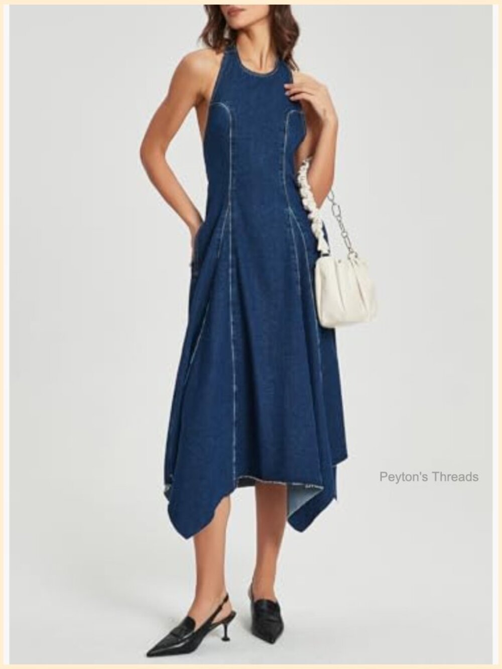 Halter Neck Backless Denim Midi Dress A-Line Flowy Zipper Closure - Picture 6 of 6